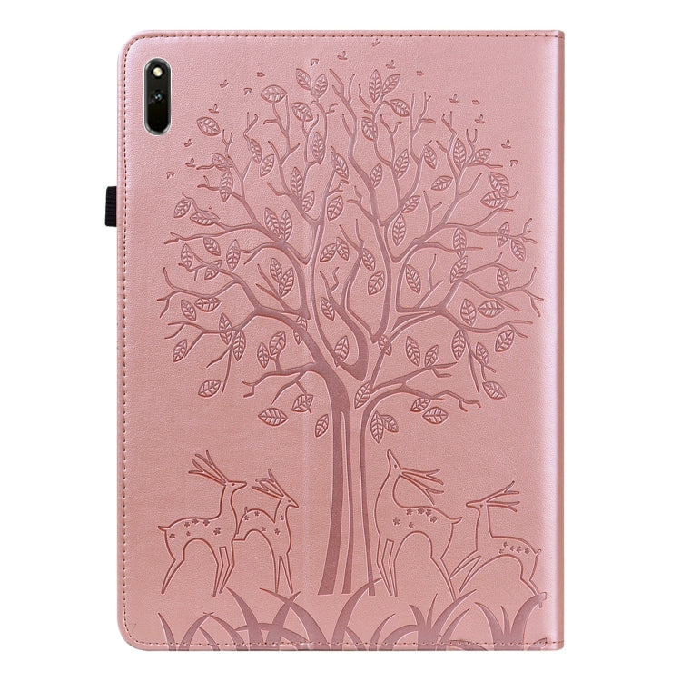 For Huawei MatePad 11 2021 Tree & Deer Pattern Pressed Printing Horizontal Flip PU Leather Case with Holder & Card Slots(Pink)