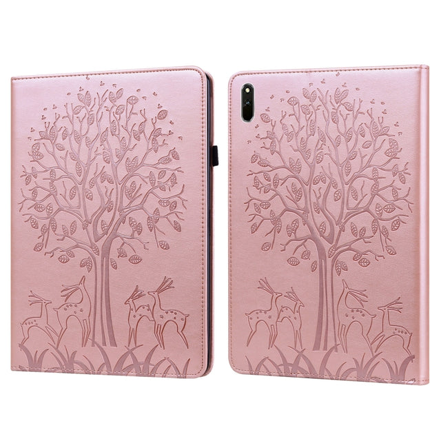 For Huawei MatePad 11 2021 Tree & Deer Pattern Pressed Printing Horizontal Flip PU Leather Case with Holder & Card Slots(Pink)
