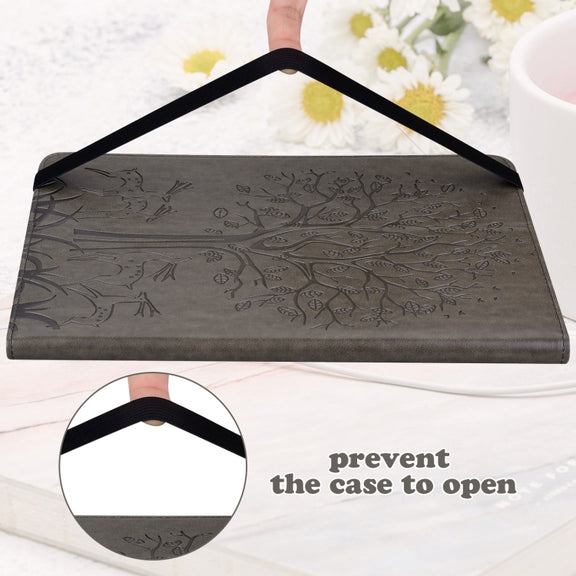 For Huawei MediaPad T3 10 Tree & Deer Pattern Pressed Printing Horizontal Flip PU Leather Case with Holder & Card Slots(Grey)
