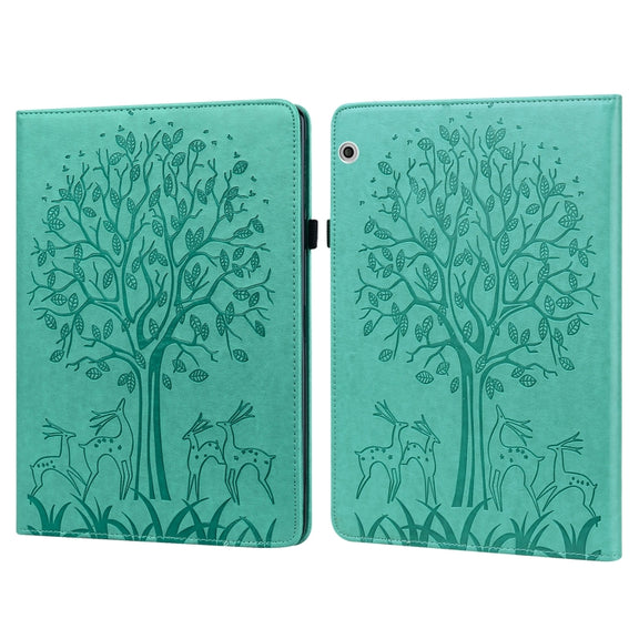 For Huawei MediaPad T3 10 Tree & Deer Pattern Pressed Printing Horizontal Flip PU Leather Case with Holder & Card Slots(Green)