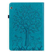 For Huawei MediaPad T5 Tree & Deer Pattern Pressed Printing Horizontal Flip PU Leather Case with Holder & Card Slots(Blue)