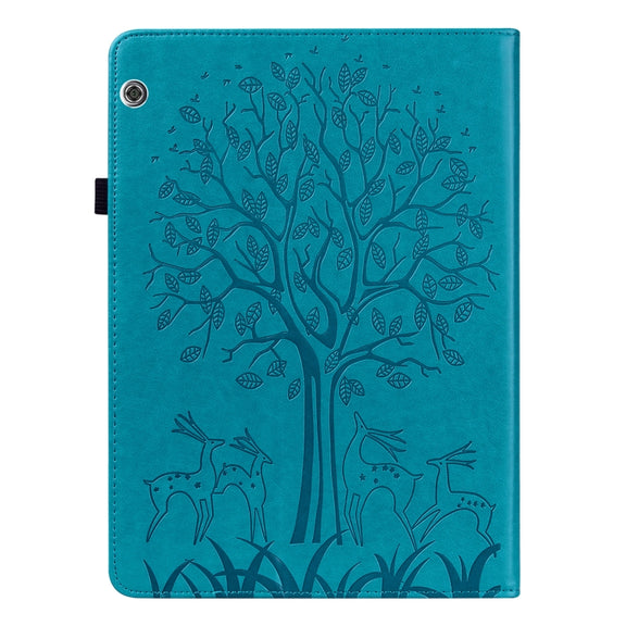 For Huawei MediaPad T5 Tree & Deer Pattern Pressed Printing Horizontal Flip PU Leather Case with Holder & Card Slots(Blue)