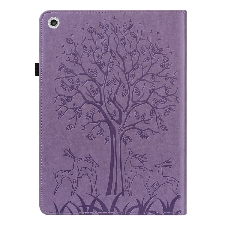 For Lenovo M10 TB-X505L Tree & Deer Pattern Pressed Printing Horizontal Flip PU Leather Case with Holder & Card Slots(Purple)