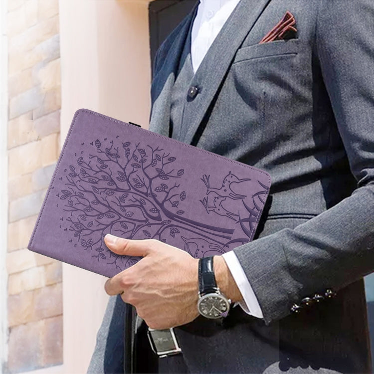 For Lenovo M10 TB-X505L Tree & Deer Pattern Pressed Printing Horizontal Flip PU Leather Case with Holder & Card Slots(Purple)