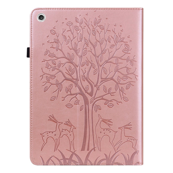 For Lenovo M10 TB-X505L Tree & Deer Pattern Pressed Printing Horizontal Flip PU Leather Case with Holder & Card Slots(Pink)