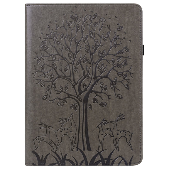 For Lenovo Tab P11 2020 / P11 Plus 2021 Tree & Deer Pattern Pressed Printing Horizontal Flip PU Leather Case with Holder & Card Slots(Grey)