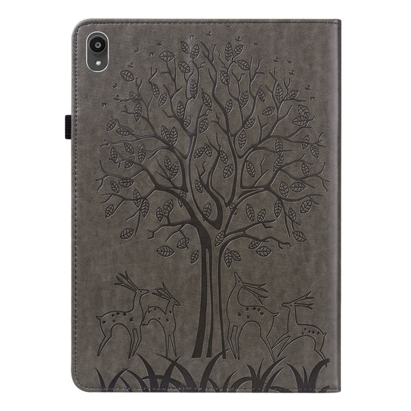 For Lenovo Tab P11 2020 / P11 Plus 2021 Tree & Deer Pattern Pressed Printing Horizontal Flip PU Leather Case with Holder & Card Slots(Grey)