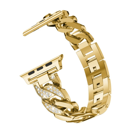 For Apple Watch Series 8&7 45mm / SE 2&6&SE&5&4 44mm / 3&2&1 42mm Single Row Denim Diamond Alloy Watch Band(Gold)
