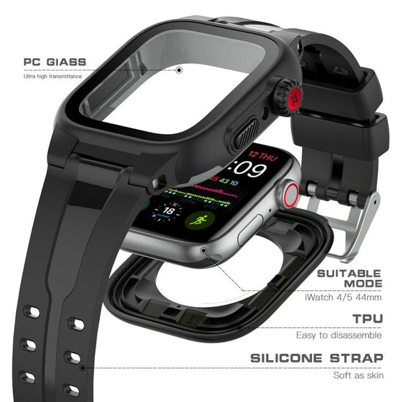 For Apple Watch Series SE 2&6&SE&5&4 44mm RedPepper IP68 Water-resistant Screen Protector + Watchband + Protective Case(Black)