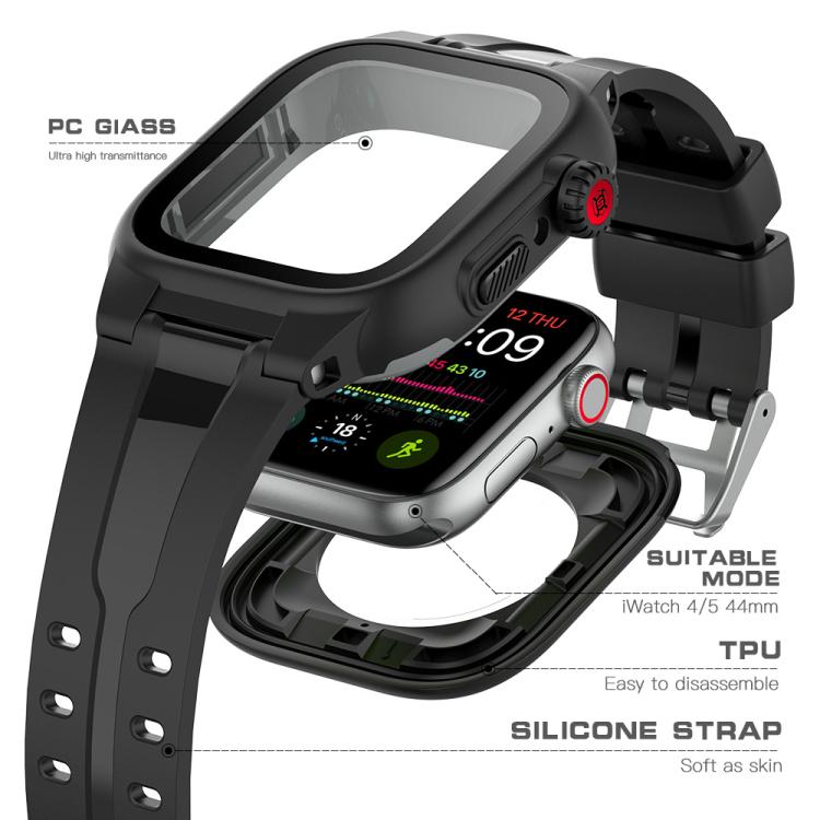 For Apple Watch Series SE 2&6&SE&5&4 44mm RedPepper IP68 Water-resistant Screen Protector + Watchband + Protective Case(Black)