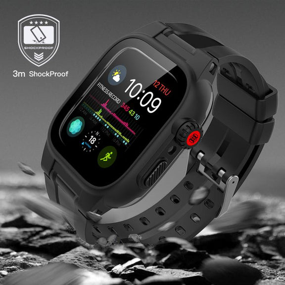 For Apple Watch Series SE 2&6&SE&5&4 44mm RedPepper IP68 Water-resistant Screen Protector + Watchband + Protective Case(Black)