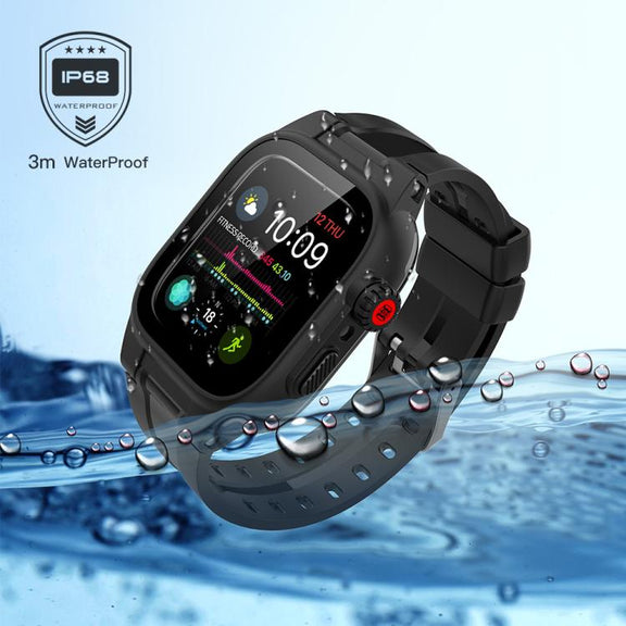 For Apple Watch Series SE 2&6&SE&5&4 44mm RedPepper IP68 Water-resistant Screen Protector + Watchband + Protective Case(Black)