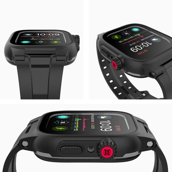 For Apple Watch Series SE 2&6&SE&5&4 44mm RedPepper IP68 Water-resistant Screen Protector + Watchband + Protective Case(Black)