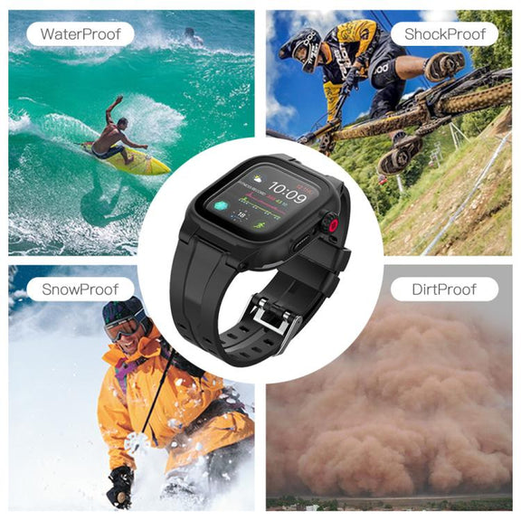 For Apple Watch Series SE 2&6&SE&5&4 44mm RedPepper IP68 Water-resistant Screen Protector + Watchband + Protective Case(Black)