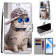 For OPPO A54 4G / A16 4G / A53s 5G / A55 5G Coloured Drawing Cross Texture Horizontal Flip PU Leather Case with Holder & Card Slots & Wallet & Lanyard(Slant Hat Blue Mirror Cat) - OPPO Cases by PMC TechLife | Online Shopping South Africa | PMC TechLife | Buy Now Pay Later Mobicred