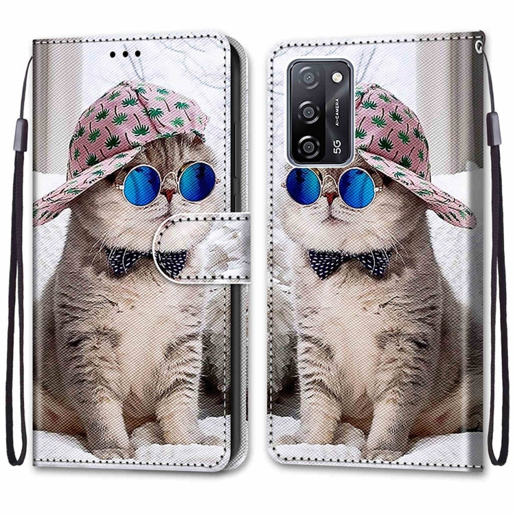For OPPO A54 4G / A16 4G / A53s 5G / A55 5G Coloured Drawing Cross Texture Horizontal Flip PU Leather Case with Holder & Card Slots & Wallet & Lanyard(Slant Hat Blue Mirror Cat) - OPPO Cases by PMC TechLife | Online Shopping South Africa | PMC TechLife | Buy Now Pay Later Mobicred