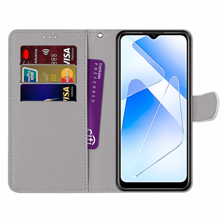 For OPPO A54 4G / A16 4G / A53s 5G / A55 5G Coloured Drawing Cross Texture Horizontal Flip PU Leather Case with Holder & Card Slots & Wallet & Lanyard(Slant Hat Blue Mirror Cat)