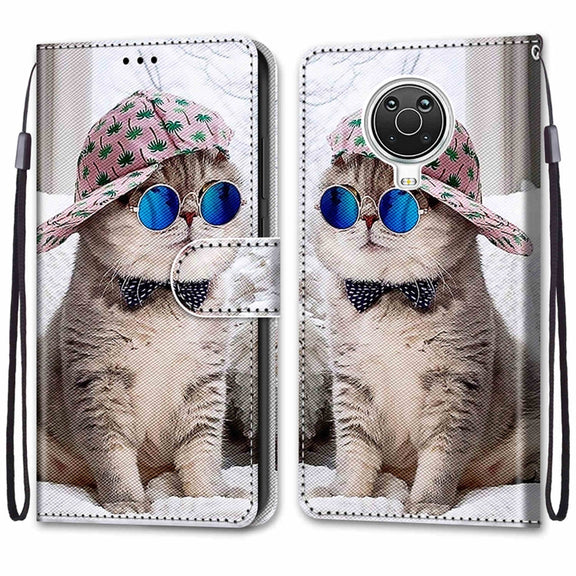 For Nokia G20 / G10 / 6.3 Coloured Drawing Cross Texture Horizontal Flip PU Leather Case with Holder & Card Slots & Wallet & Lanyard(Slant Hat Blue Mirror Cat)