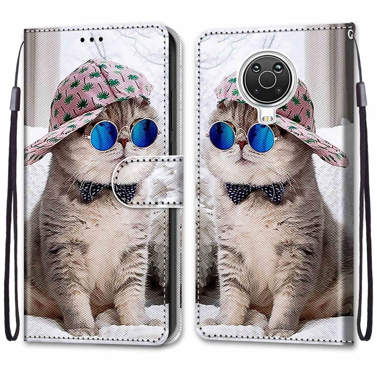 For Nokia G20 / G10 / 6.3 Coloured Drawing Cross Texture Horizontal Flip PU Leather Case with Holder & Card Slots & Wallet & Lanyard(Slant Hat Blue Mirror Cat)