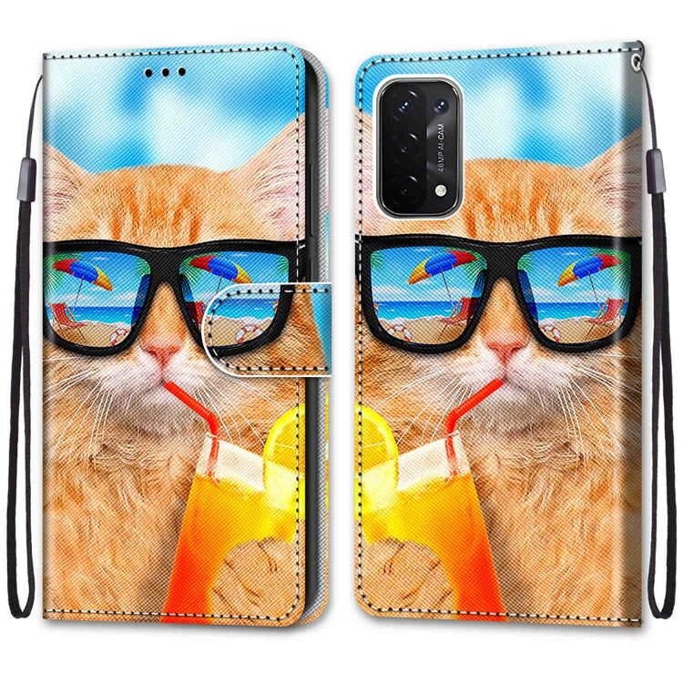 For OPPO A54 5G / A74 5G / A93 5G / A93s 5G Coloured Drawing Cross Texture Horizontal Flip PU Leather Case with Holder & Card Slots & Wallet & Lanyard(Cat Drinking Soda)