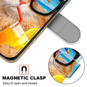For OPPO A54 5G / A74 5G / A93 5G / A93s 5G Coloured Drawing Cross Texture Horizontal Flip PU Leather Case with Holder & Card Slots & Wallet & Lanyard(Cat Drinking Soda)