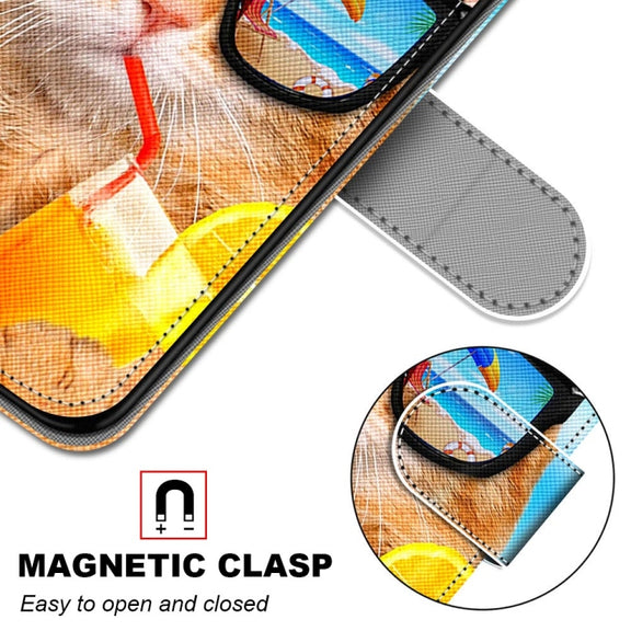 For OPPO A54 5G / A74 5G / A93 5G / A93s 5G Coloured Drawing Cross Texture Horizontal Flip PU Leather Case with Holder & Card Slots & Wallet & Lanyard(Cat Drinking Soda)