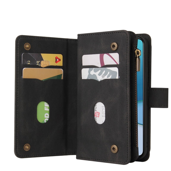 For OnePlus 9 Skin Feel PU + TPU Horizontal Flip Leather Case With Holder & 15 Cards Slot & Wallet & Zipper Pocket & Lanyard(Black)