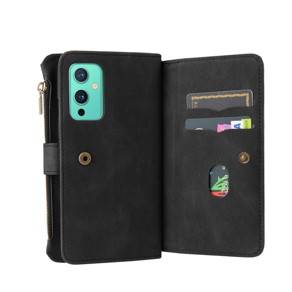 For OnePlus 9 Skin Feel PU + TPU Horizontal Flip Leather Case With Holder & 15 Cards Slot & Wallet & Zipper Pocket & Lanyard(Black)