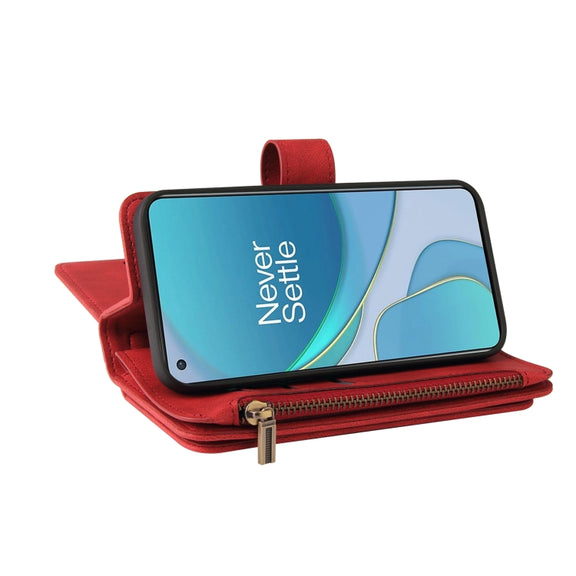 For OnePlus 9 Skin Feel PU + TPU Horizontal Flip Leather Case With Holder & 15 Cards Slot & Wallet & Zipper Pocket & Lanyard(Red)