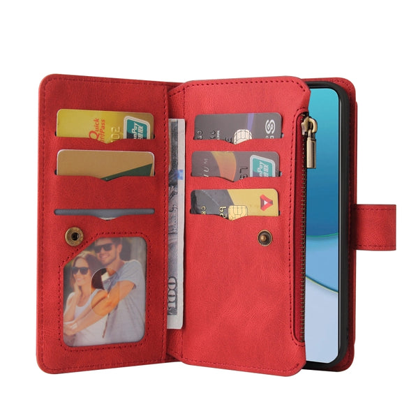 For OnePlus 9 Skin Feel PU + TPU Horizontal Flip Leather Case With Holder & 15 Cards Slot & Wallet & Zipper Pocket & Lanyard(Red)
