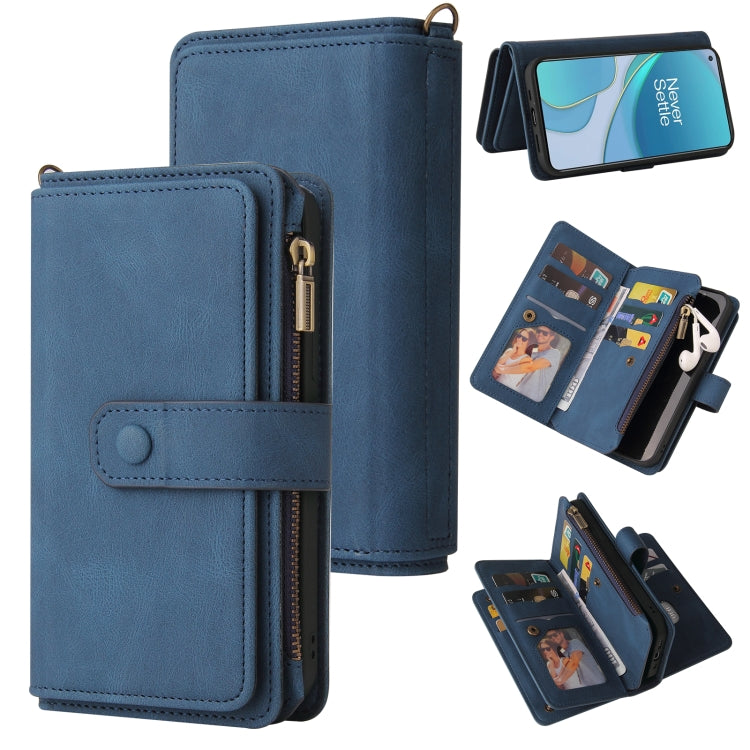 For OnePlus 9 Skin Feel PU + TPU Horizontal Flip Leather Case With Holder & 15 Cards Slot & Wallet & Zipper Pocket & Lanyard(Blue) - OnePlus Cases by PMC TechLife | Online Shopping South Africa | PMC TechLife | Buy Now Pay Later Mobicred