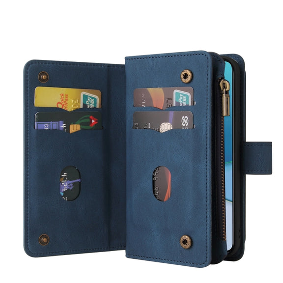 For OnePlus 9 Skin Feel PU + TPU Horizontal Flip Leather Case With Holder & 15 Cards Slot & Wallet & Zipper Pocket & Lanyard(Blue)