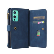 For OnePlus 9 Skin Feel PU + TPU Horizontal Flip Leather Case With Holder & 15 Cards Slot & Wallet & Zipper Pocket & Lanyard(Blue)