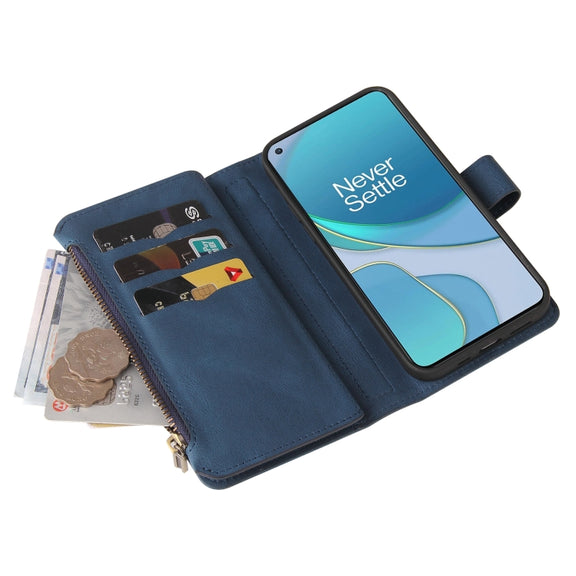 For OnePlus 9 Skin Feel PU + TPU Horizontal Flip Leather Case With Holder & 15 Cards Slot & Wallet & Zipper Pocket & Lanyard(Blue)