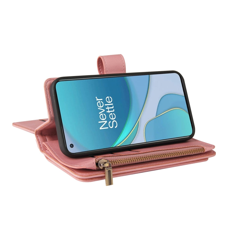 For OnePlus 9 Skin Feel PU + TPU Horizontal Flip Leather Case With Holder & 15 Cards Slot & Wallet & Zipper Pocket & Lanyard(Pink)