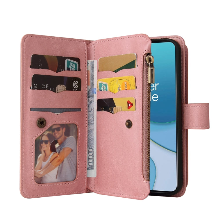For OnePlus 9 Skin Feel PU + TPU Horizontal Flip Leather Case With Holder & 15 Cards Slot & Wallet & Zipper Pocket & Lanyard(Pink)