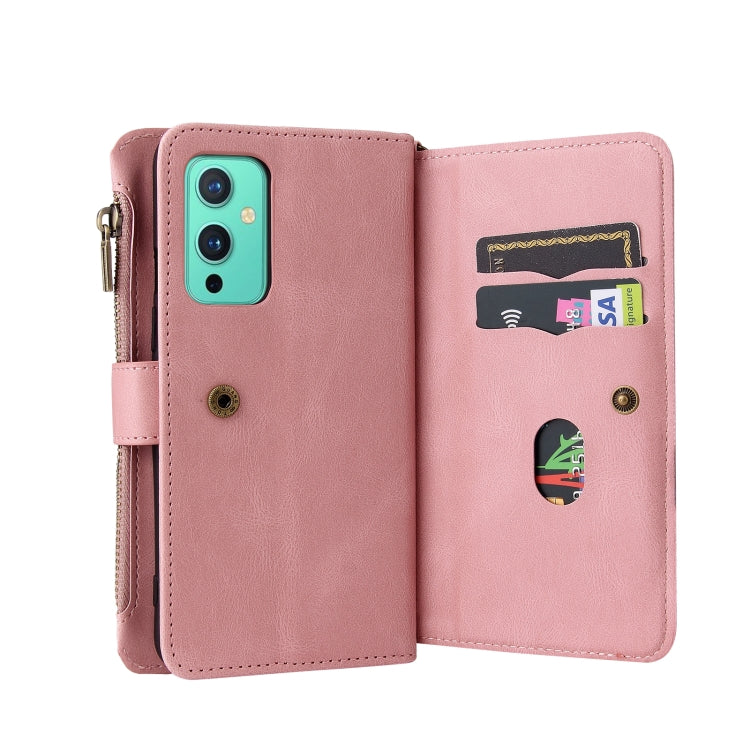 For OnePlus 9 Skin Feel PU + TPU Horizontal Flip Leather Case With Holder & 15 Cards Slot & Wallet & Zipper Pocket & Lanyard(Pink) - OnePlus Cases by PMC TechLife | Online Shopping South Africa | PMC TechLife | Buy Now Pay Later Mobicred