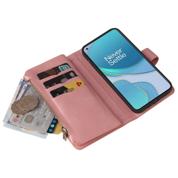 For OnePlus 9 Skin Feel PU + TPU Horizontal Flip Leather Case With Holder & 15 Cards Slot & Wallet & Zipper Pocket & Lanyard(Pink)
