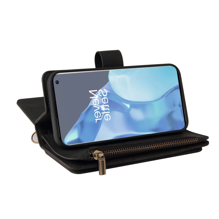 For OnePlus 9 Pro Skin Feel PU + TPU Horizontal Flip Leather Case With Holder & 15 Cards Slot & Wallet & Zipper Pocket & Lanyard(Black)