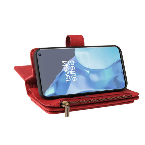 For OnePlus 9 Pro Skin Feel PU + TPU Horizontal Flip Leather Case With Holder & 15 Cards Slot & Wallet & Zipper Pocket & Lanyard(Red)