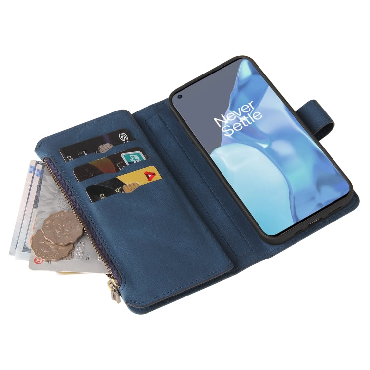 For OnePlus 9 Pro Skin Feel PU + TPU Horizontal Flip Leather Case With Holder & 15 Cards Slot & Wallet & Zipper Pocket & Lanyard(Blue)