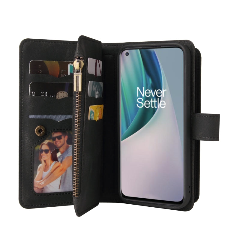 For OnePlus Nord N10 5G Skin Feel PU + TPU Horizontal Flip Leather Case With Holder & 15 Cards Slot & Wallet & Zipper Pocket & Lanyard(Black)