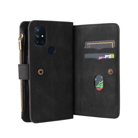 For OnePlus Nord N10 5G Skin Feel PU + TPU Horizontal Flip Leather Case With Holder & 15 Cards Slot & Wallet & Zipper Pocket & Lanyard(Black)