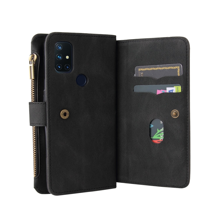 For OnePlus Nord N10 5G Skin Feel PU + TPU Horizontal Flip Leather Case With Holder & 15 Cards Slot & Wallet & Zipper Pocket & Lanyard(Black)