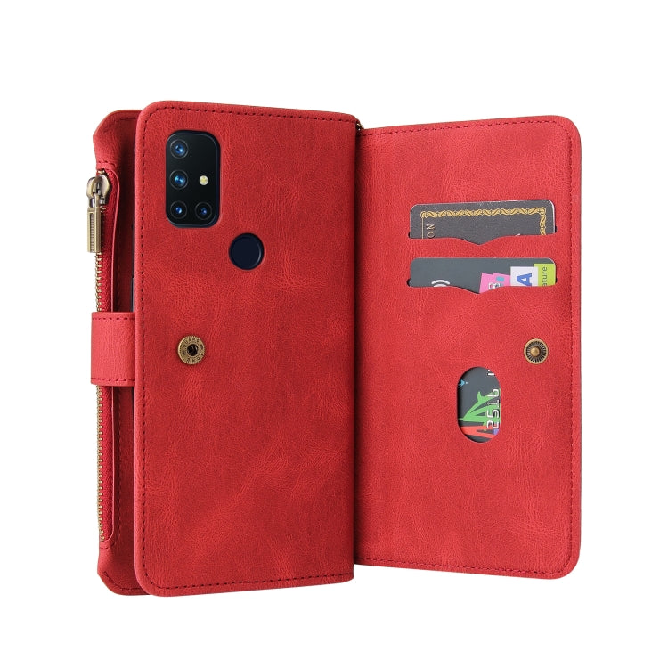 For OnePlus Nord N10 5G Skin Feel PU + TPU Horizontal Flip Leather Case With Holder & 15 Cards Slot & Wallet & Zipper Pocket & Lanyard(Red)