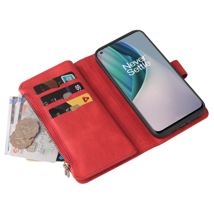 For OnePlus Nord N10 5G Skin Feel PU + TPU Horizontal Flip Leather Case With Holder & 15 Cards Slot & Wallet & Zipper Pocket & Lanyard(Red)