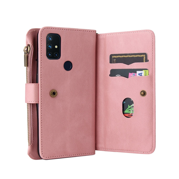 For OnePlus Nord N10 5G Skin Feel PU + TPU Horizontal Flip Leather Case With Holder & 15 Cards Slot & Wallet & Zipper Pocket & Lanyard(Pink)