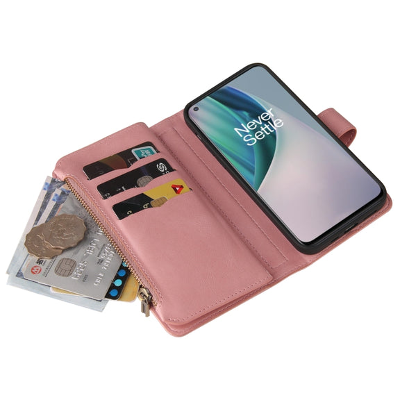 For OnePlus Nord N10 5G Skin Feel PU + TPU Horizontal Flip Leather Case With Holder & 15 Cards Slot & Wallet & Zipper Pocket & Lanyard(Pink)
