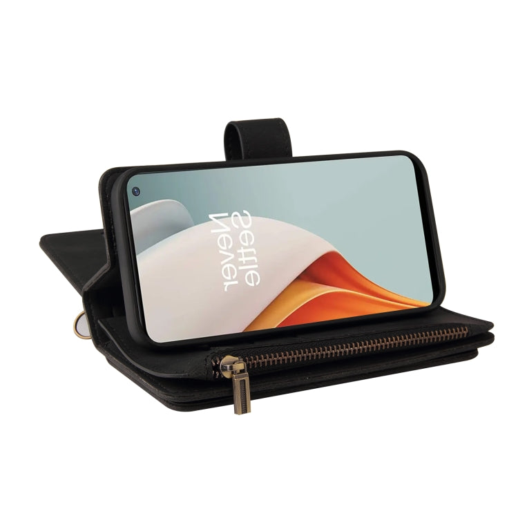For OnePlus Nord N100 5G Skin Feel PU + TPU Horizontal Flip Leather Case With Holder & 15 Cards Slot & Wallet & Zipper Pocket & Lanyard(Black)