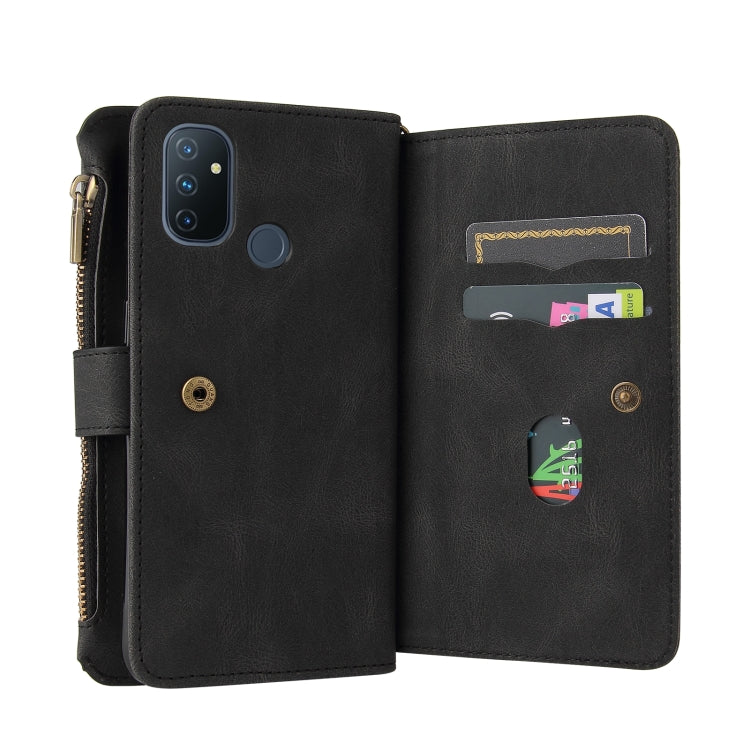 For OnePlus Nord N100 5G Skin Feel PU + TPU Horizontal Flip Leather Case With Holder & 15 Cards Slot & Wallet & Zipper Pocket & Lanyard(Black)